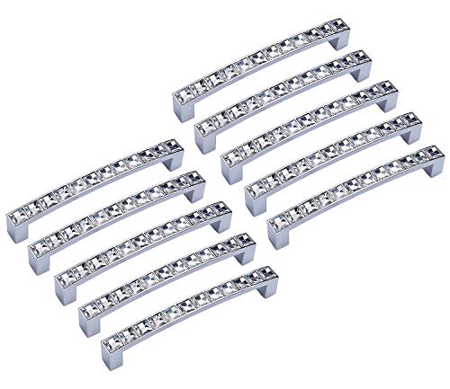 Kyrio Lot de 10 poignées de tiroir carrées en cristal transparent décorées de strass pour meubles, portes, armoires, placards, centres de trou de 128 mm, longueur totale de 148 mm