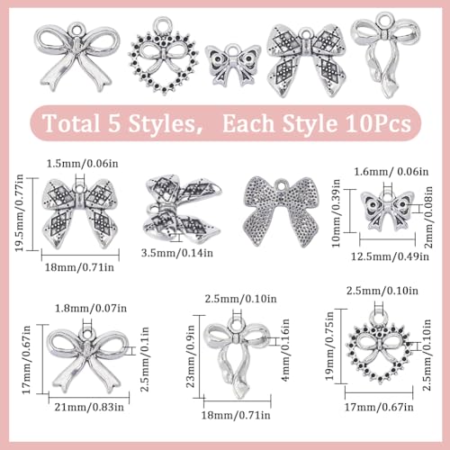 SUNNYCLUE 1 Box 50Pcs 5 Styles Bow Charms Bowknot Charm Alloy Silver Hollowed Tibetan Style Halloween Christmas Bow knot Charms for jewellery Making Charms Supplies DIY Crafting Necklace Bracelets - Image 2