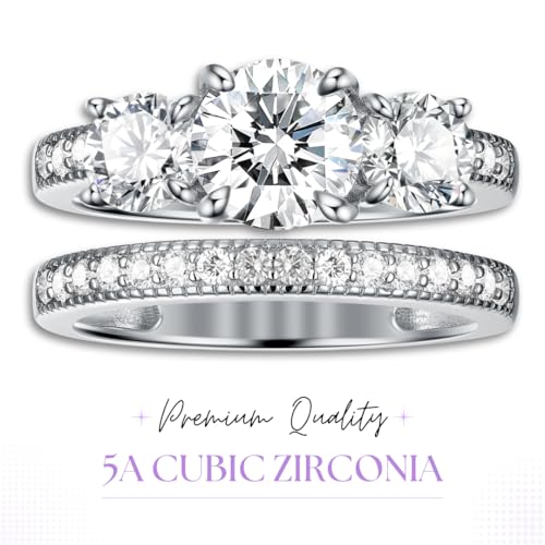 3 Ct Round 3 Stone CZ Wedding Ring Set for Women, 925 Sterling Silver, Cubic Zirconia Rings, Engagement Sets, Bridal Sets for Women, Hidden Gems Jewelry - Size 5-102