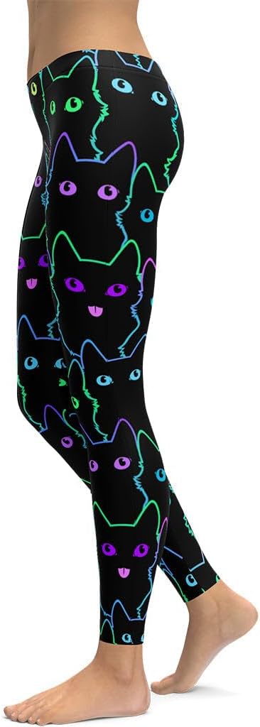 FIERCEPULSE Mystic Cats Animal Print Leggings for Women - Mid Waisted, Stretchy Pants Leggings for Workout & Exercise
