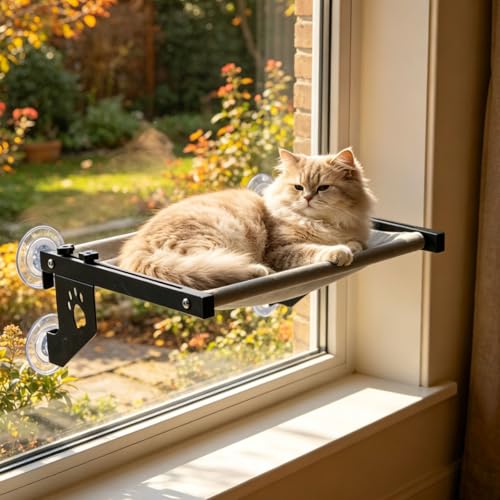 Katzenfensterstange mit gepolstertem Kissen, schwarzer Metallrahmen mit Pfotenabdruck- Design, Saugnapfhalterung oder einfach zu verstellendes Katzenbett für Fensterbank, Nachttisch, Schubla-2