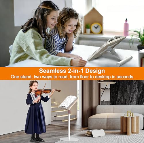 Image of NAMON 2-in-1 Dual-use Floor & Desktop Book Stand, Sturdy Metal & Wood Build, Height Adjustable from 16.5 inch to 51 inch, Floor Reading Stand for Sheet Music, Cookbooks, Projector (White, 10 inch x 15 inch Panel)