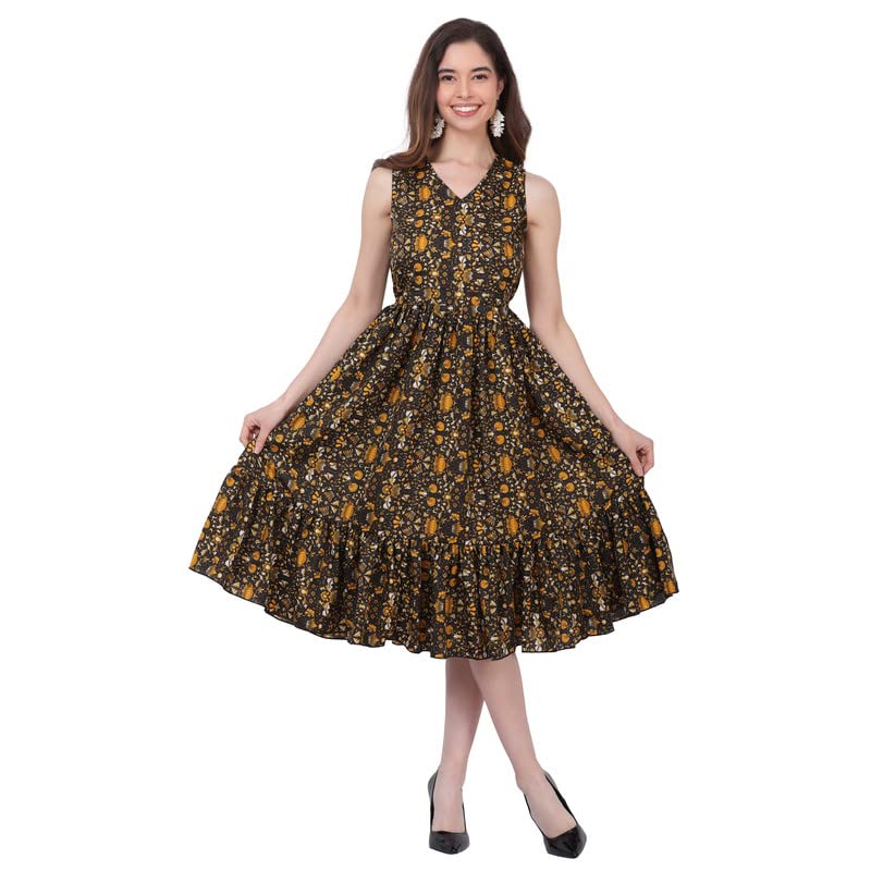 Image of Women's Crepe A-Line Knee Length Dress | Western Sleeveless Dress for Girls | Flared Frock | Frill Midi | Knee Gown