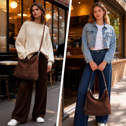 Image of Genuine Leather Hobo Crossbody Bag for Women, Soft Real Leather Bucket, Shoulder Handbag Purse with 2 Removable Strap