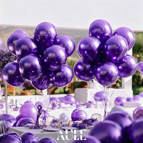Image of AULE 50Pcs Metallic 12 Inch Dark Purple Chrome Helium Shiny Balloons | Chrome Helium Shiny Latex Balloon Happy Birthday Graduation Gender Reveal Wedding Carnival Decoration