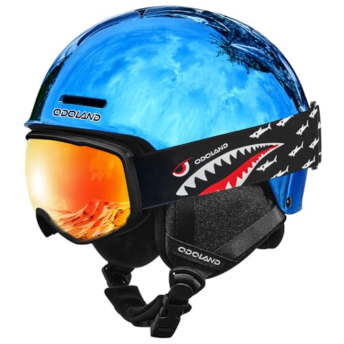 Odoland Kit Casco de Esquí con Gafas para Niños y Niñas, Casco de Snowboard Ajustable Equipo Protección para Deportes Nieve para Infantil, Juvenil, Edad 6-14 Años,NBXS