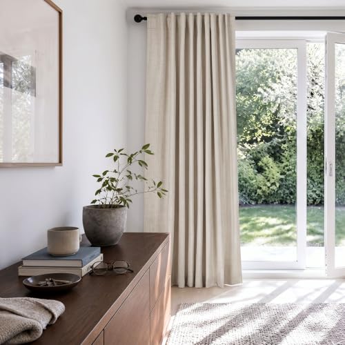 Image of Linen Textured Total Blackout Sliding Door Curtains 96 Inches Long, Cream