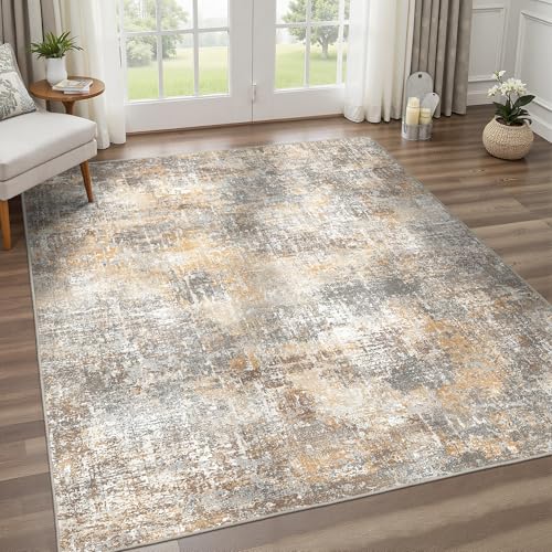 Area Rugs 5x7 for Living Room Bedroom, Modern Abstract Machine Washable Rug, Large Soft Low Pile Floor Cover with Non Slip Backing for Dining Room, Warm Beige Mist
