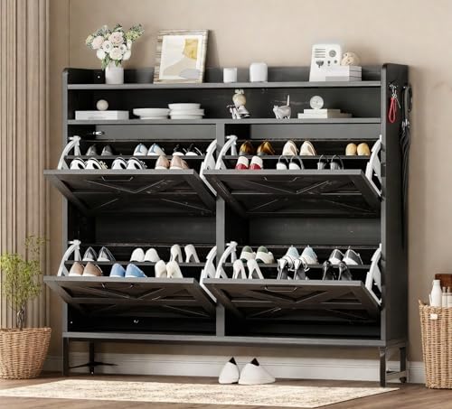 DWVO Dark Rustic Oak Farmhouse Storage Shoe Cabinet with 4-Tier Flip Shoe Storage Cabinet for 24 Pairs, Shoe Organizer with Metal Legs for Entryway, Living Room, Hallway