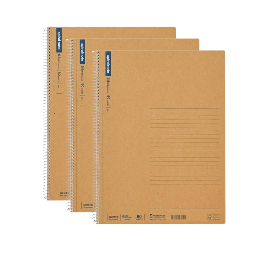 Maruman Spiral Note BASIC (A4), Ring Binding, 80 Sheets / 160 Pages, 6.5mm ruled, (N235ES), MADE IN JAPAN. (Pack of 3)