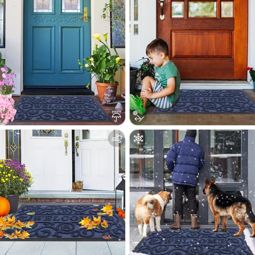 Image of Smiry Welcome Door Mat Outside Entrance, Heavy Duty Trap Dirt and Moisture Easy Clean Low Profile Patio Porch Indoor Outdoor Front Doormat for Entry, 29.5x17 Inch, Navy Blue