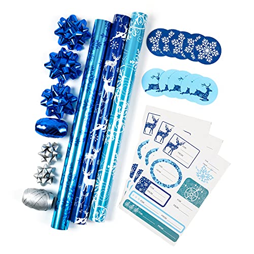 Holijolly Ensemble De Papier D'Emballage De Noël - Mini Rouleau Avec Noeud Et Ruban Et Étiquettes-Cadeaux Et Autocollants - 17,3 Pouces X 120 Pouces Par Rouleau - Design Bleu (43,2 Pieds Carrés Ttl) Cover