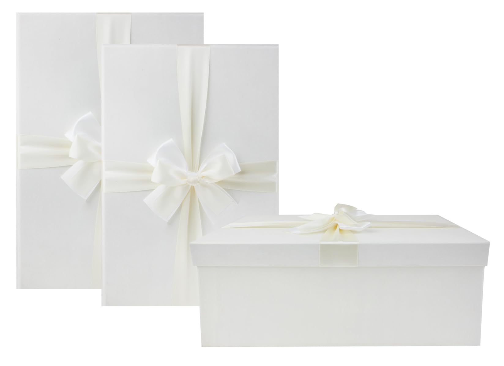 Emartbuy Oversize Luxury Rigid Gift Box Set of 3 with Lid, Satin Ribbon | Preassembled 1200 GSM Premium Paperboard | Ideal for Wedding, Festive, Corporate & Luxury Gifting – Ivory