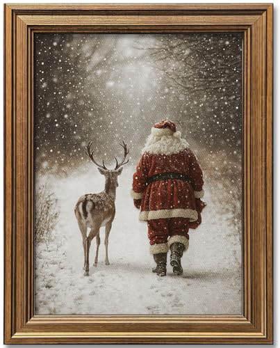 Hamduker Santa Claus Reindeer Art Decor,Winter Santa and Reindeer Canvas Wall Art Vintage Christmas Decor for Home Living Room Bedroom (Size: 9.5''x12''x1pcs)