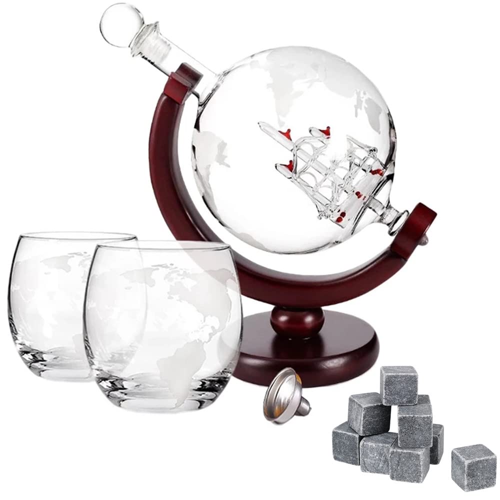TRIXES Set regalo per bicchieri da whisky a forma di globo, set da degustazione di whisky, set da degustazione di whisky, bicchieri da whisky, pietre da whisky, festa del papà, pensionamento