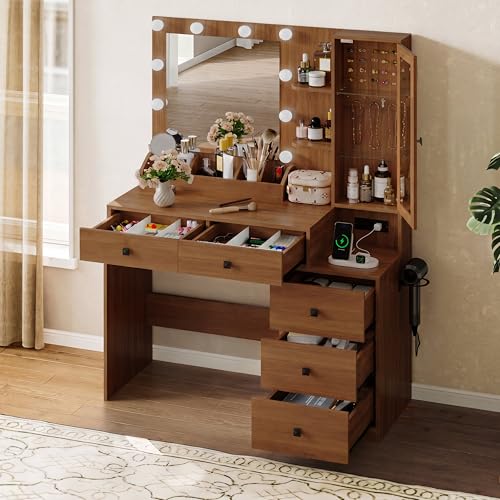 Image of HUANLEGO Vanity Desk with Mirror and Lights, Walnut Makeup Vanity Mirror with Lights Desk with 5 Drawers, Jewelry Organizer& LED Glass Cabinet, 3 Light Mode Dressing Table Set for Girls, Women
