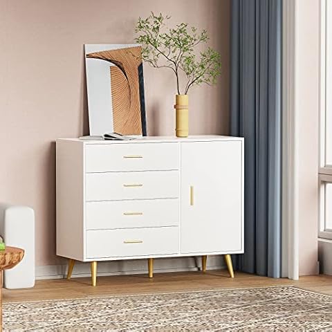 JOZZBY White Storage Cabinet with 4 Drawers, Accent Cabinet with Door and Adjustable Shelf, Buffet Cabinet with Storage, Office File Cabinet, Printer Stand for Living Room, Bedroom, Entryway, Hallway Cover