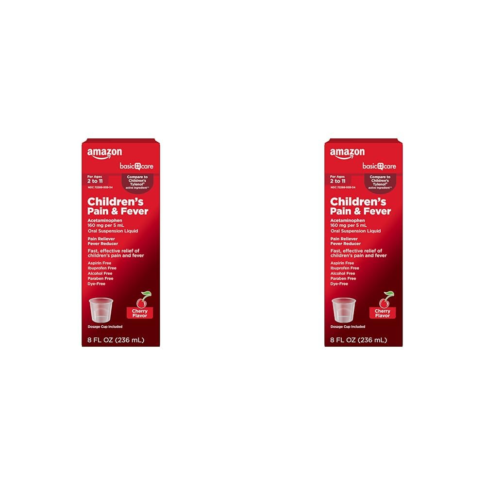 Amazon Basic Care Children's Pain and Fever, Acetaminophen 160 mg per 5 mL Oral Suspension, Dye-Free Cherry Flavor, 8 fl oz (Pack of 2)