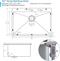 Vista 7 de 25 x 22 Inch Drop in Kitchen Sink 16 Gauge Stainless Steel Kitchen Sink 2-Holes 10 inch Single Bowl