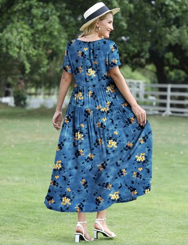 Image of YESNO Women Casual Loose Bohemian Floral Dress with Pockets Short Sleeve Long Maxi Summer Beach Swing Dress EJF