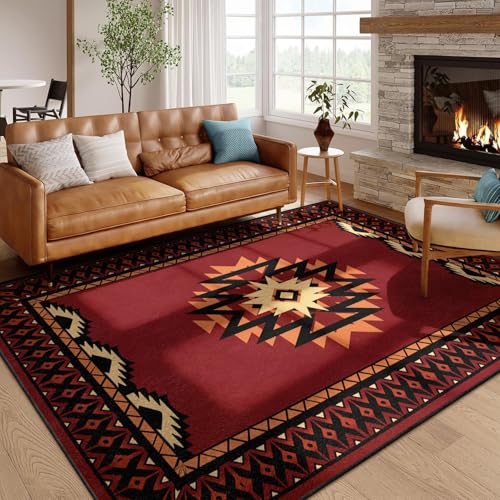 Navajo Tribal Aztec Area Rug,4x6ft,Southwestern Native American Area Rug, Non Slip Soft Country Cabin Western Rugs,for Farmhouse Living Room Office Bedroom Western Decor Carpet.