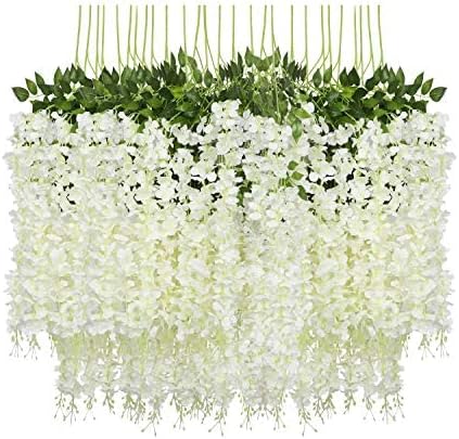 12 Pack Artificial Wisteria Vine Ratta Fake Wisteria Hanging Garland Silk Long Hanging Bush Flowers String Home Party Wedding Decor (White)
