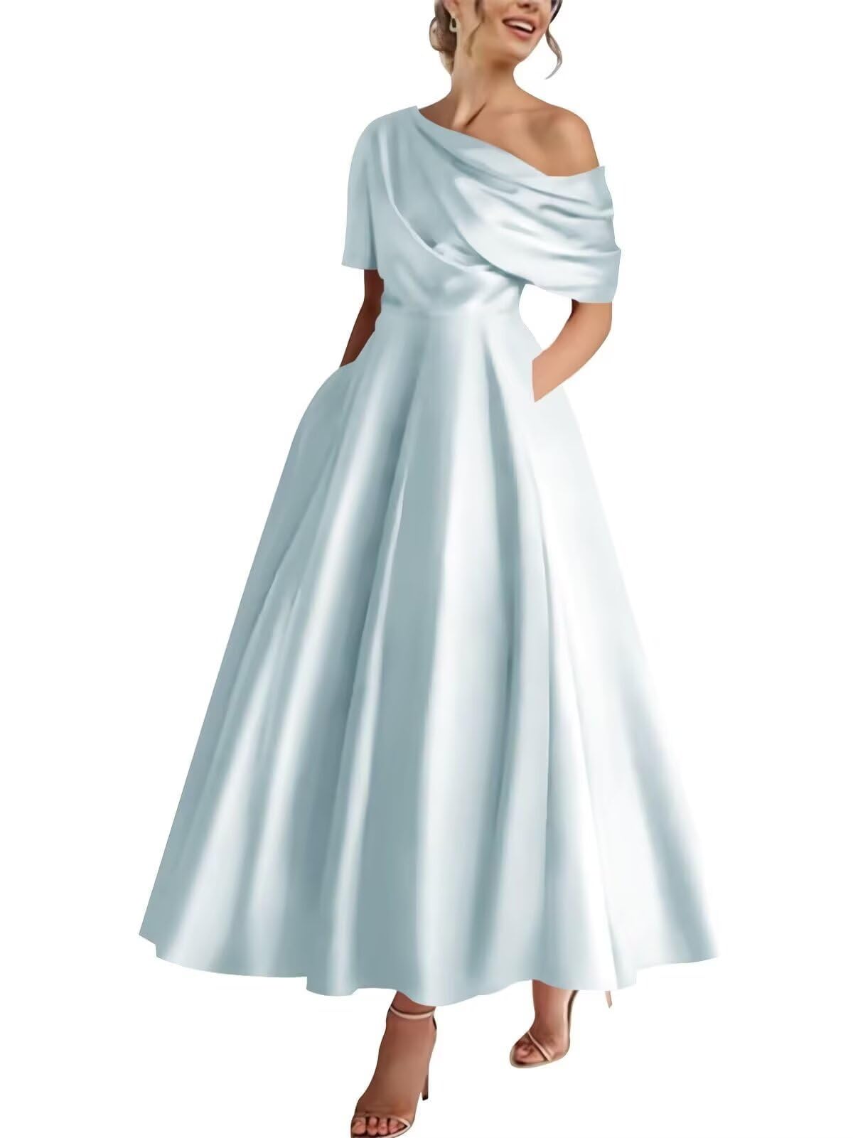 Tea Length Satin Mother of The Bride Dresses for Women One Shoulder Formal Evening Gown with Pocket Wedding