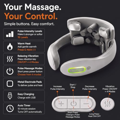 Image of Qwipp, Neck Massager with Heat, Pulse & Vibration | Cordless Cervical Massager, Neck Pain Relief, Muscle Relaxation & Stress Relief, 15 Intensity Levels, Type-C Rechargeable