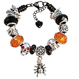 Halloween Charm Bracelet for Women & Girls, Black Steel Snake Chain and Faceted Glass Charms, 7.5 Inch