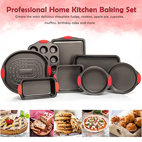 8 Piece Baking Pans Set, Oven Safe Baking Sheet Set Carbon Steel Non-Stick Ptfe Coating, Bakeware Set With Heat Red Silicone Handles, Black Baking Trays For Oven By Moss & Stone #TOP2