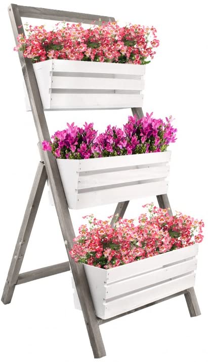 KOTARBAU® Escalera de madera para plantas, Estantería de 3 jardineras, Huerto urbano vertical, Jardinera vertical, Maceteros de madera, Blanco gris, Estantería para plantas, Cama elevada de jardín