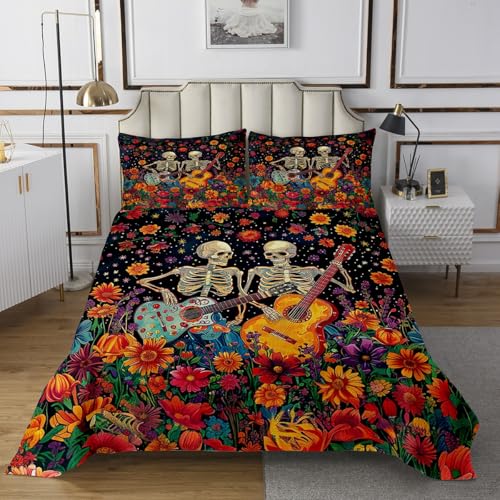 Manfei Couple Skeleton Kids Bedspread King Size,Gothic Skull Plays The Guitar Coverlet Set,Boys Girls Room Decor,Daisy Flowers Trippy Halloween Quilted Coverlet,Colorful Bedding Quilt,2 Pillowcases