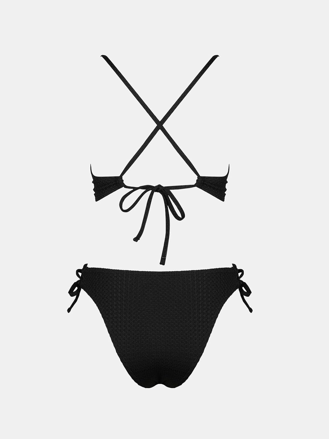 CUPSHE Women's Bikini Sets V Neck Textured Crisscross Back Lace Trim Bathing Suit Side Drawstring Low Rise - Image 5