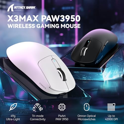Image of MAMBASNAKE Attack SHAKR X3MAX Wireless Gaming Mouse,PixArt PAW3950 42000 DPI,49g Ultralight Tri-Mode(BT5.4 /2.4GHz /Wired), 1K Polling Rate Programmable Computer Mice for PC /MAC /Win - White
