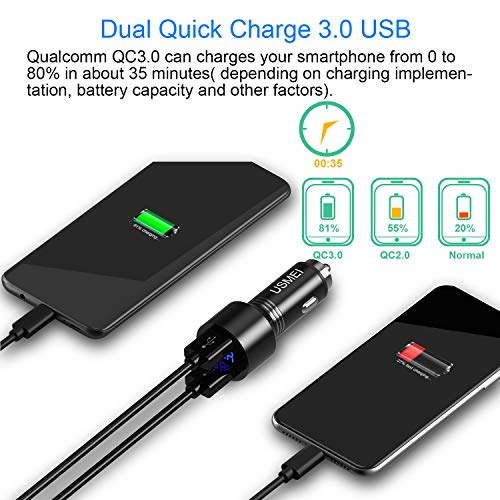 Car Charger, USMEI Quick Charge 3.0 Dual USB Charger Adapter with Voltmeter, Compatible with iPhone 15/14/13, Samsung S24/S23/S22/Note 20/10 and More