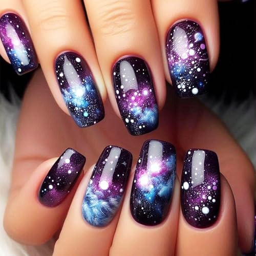 24Pcs Stars Sky Press on Nails Purple Gradient Acrylic Medium Square Fake Nail Universe Gel Glue on Nail Glossy Blue Ombre False Nails Milky Way Stick on Fingernails for Coquette Women Girls