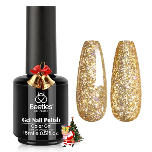 Beetles Gold Gel Nail Polish Starlit Gold Sparkling Glitter Reflective Purple Gel Polish 15ml UV/LED Soak Off Long Lasting Nail Art Home DIY Salon