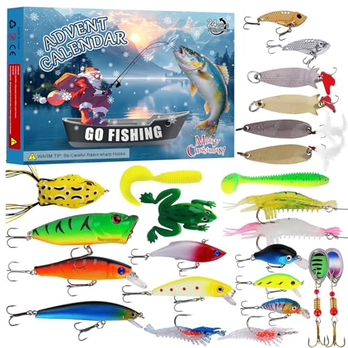 Calendario de Adviento de pesca 2025 para hombre, adulto y adolescente, juego de señuelos de pesca de cuenta regresiva de 24 días de Navidad, regalo sorpresa de cebo de pescado para padre, abuelo