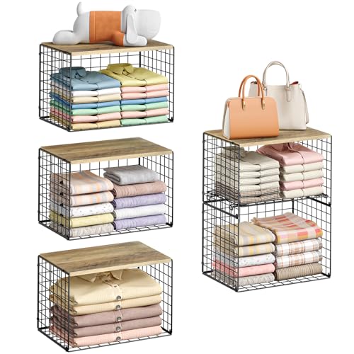 5-Tier Large Stackable Closet Organizer and Storage Basket, Sturdy Closet Shelf Organizer with Wood Top, Stackable Storage Bins Cubes for Clothes with Adjustable Shelf for Wardrobe Organization