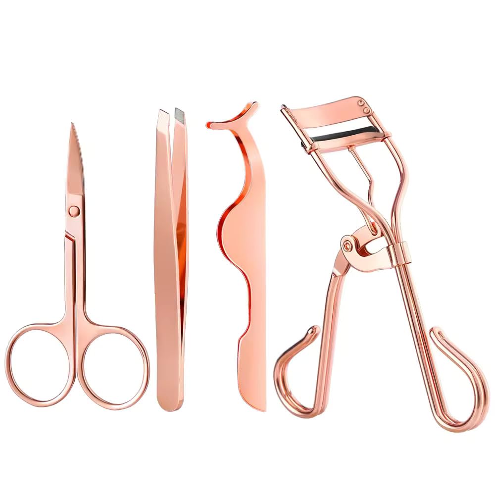 sanabeauty Applicator Scissors Kit for Eyelash Curler Tweezers - 4-in-1 Eyelash Extension Tools with 5-Size Silicone Refill Pads for Natural Lashes Curling (Pink)