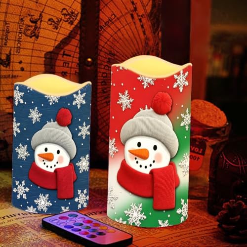 Image of Snowman Christmas Color Changing Electric Candles | Xmas Flameless Candle Set with Remote Control, Battery Operated Fake Candles for Kitchen Room Home Decor, 4 Pack