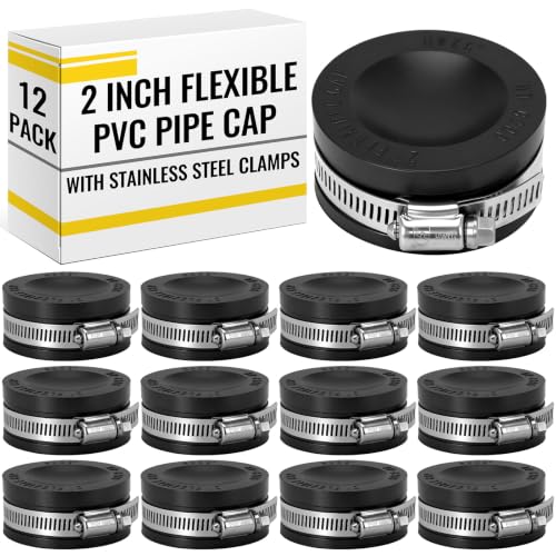 Image of 12 Pack 2 Inch Flexible PVC Pipe Cap with Stainless Steel Clamps - Black Durable End Caps for Drainage, Wastewater & Vent Pipes, Above /below Ground Use