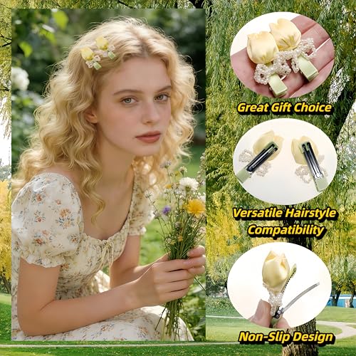Pinzas para el cabello con moño 3D y flores falsas, 2 piezas miniatura 5