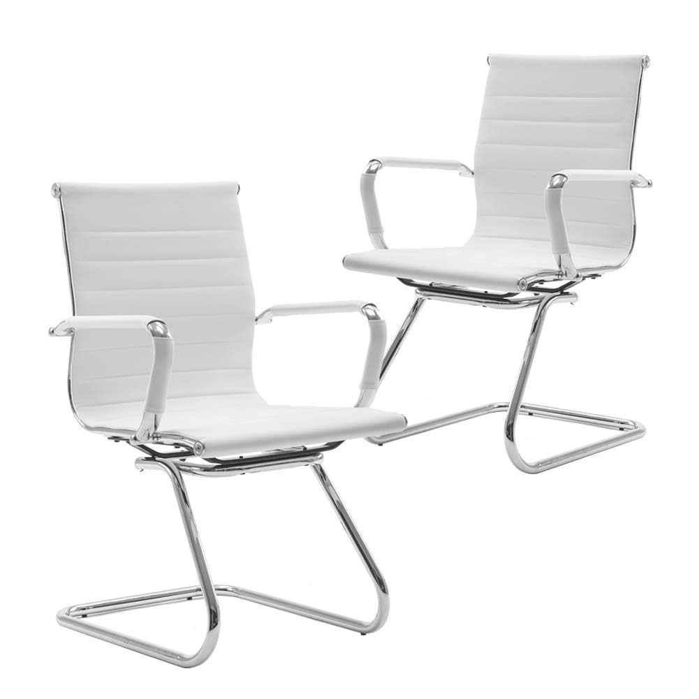 Conference Room Chairs Set of 2, Waiting Room Chairs with Arms, Faux Leather Reception Chairs No Wheels, Office Guest Chairs with Mid Back Support and Chrome Sled Base, White