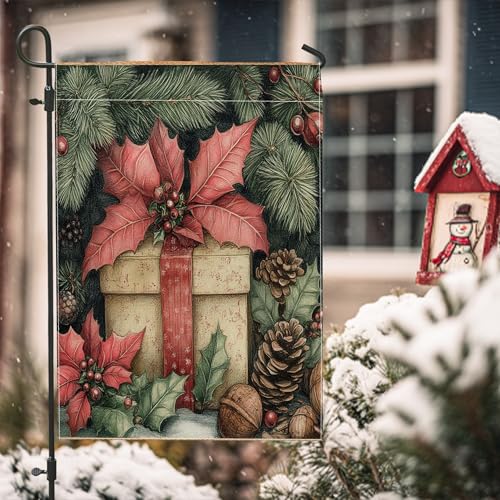 Bandiere da giardino con agrifoglio di Natale a forma di stella di Natale, 30,5 x 45,7 cm, double face, decorazione per esterni, con coni di Natale vintage, bandiera in tela per casa, festa di