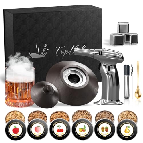 Cocktail Smoker Kit with Torch and Whiskey Glass, 6 Flavors Wood Chips and 3 Whisky Stones for...