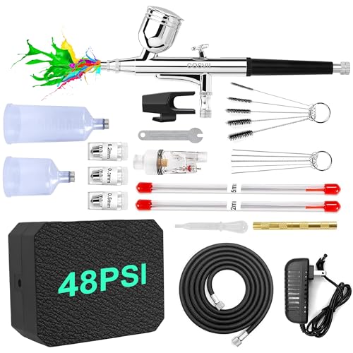 Airbrush Kit with Air Compressor, 40 48 PSI High Pressure Air Brush Non-Clogging with 0.2/0.3/0.5mm Nozzle/Sets, Airbrush Ideal for Nails Art, Makeup, T-Shirt Painting, Cake Ecorating DIY Model