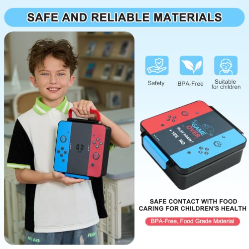 Image of Gamer Bento Lunch Box for Kids, 60 OZ Kids Lunch Box with 8 OZ Leakproof Stainless Steel Insulated Food Jar, 3-4 Compartments Bento Box for School, Includes Sauce Cup & Divider (Red-Blue-PLAYAGAIN)