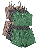 Ekouaer 3 Sets for Women Ribbed Pajamas Crop Cami Top and Shorts Pjs Casual Sleeveless Button Lounge Set Sleepwear Khaki/Dark Grey/Green,Medium
