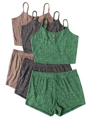Image of Ekouaer 3 Sets for Women Ribbed Pajamas Crop Cami Top and Shorts Pjs Casual Sleeveless Button Lounge Set Sleepwear